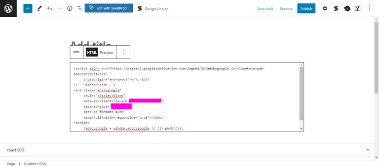 Paste your Google AdSense code into the content block’s field 2