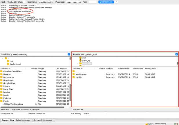 FileZilla connection established
