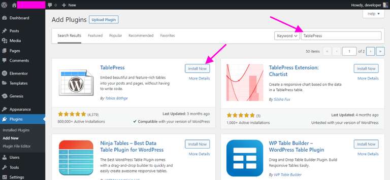 wordpress install tablepress