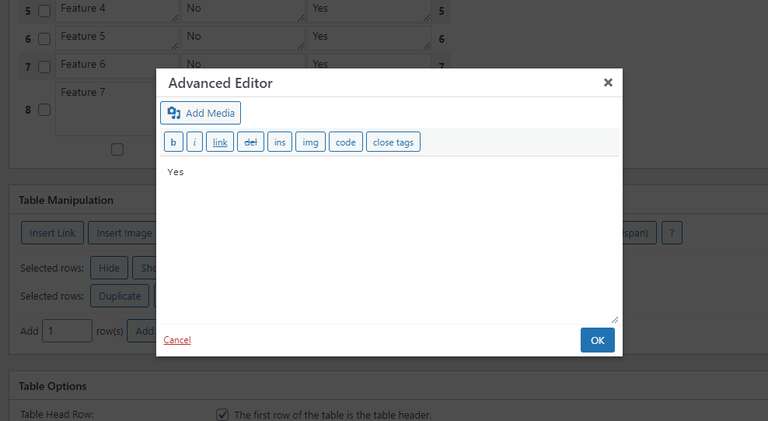 tablepress advance editor