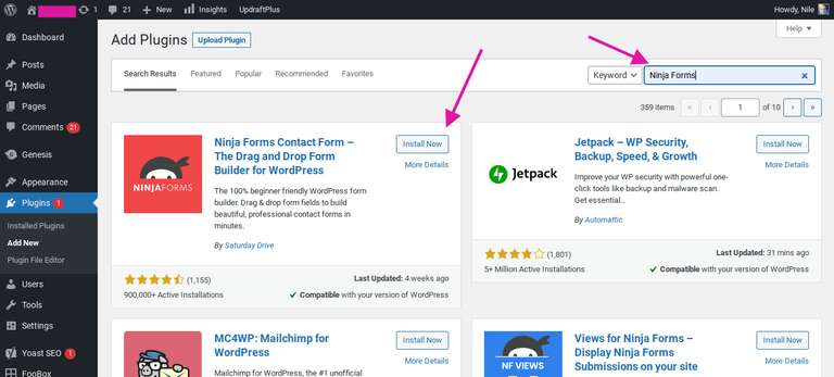 install and activate ninja forms