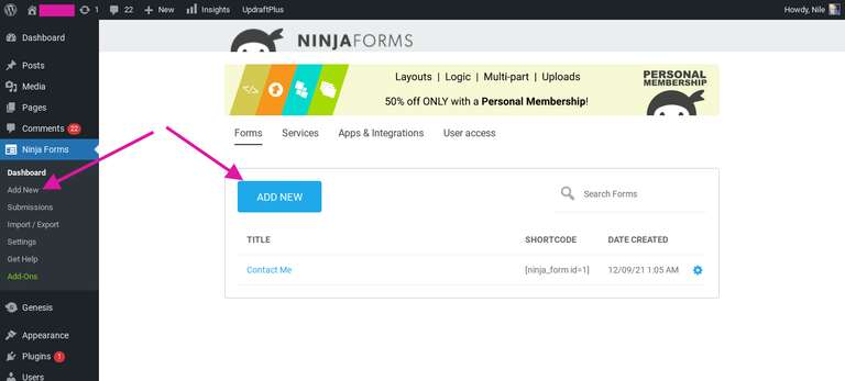 ninja forms add new form