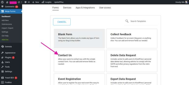 ninja form select contact us template