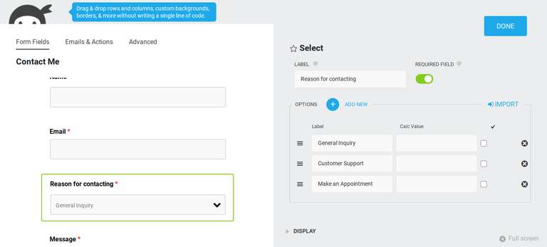 ninja forms edit form field settings