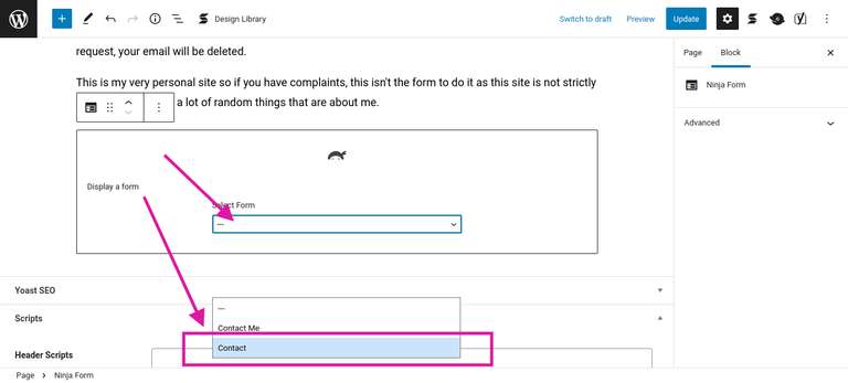 select ninja form contact form block