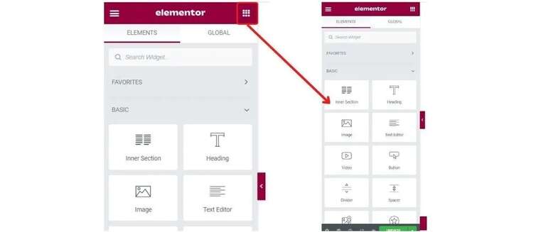 Widget elements panel in Elementor