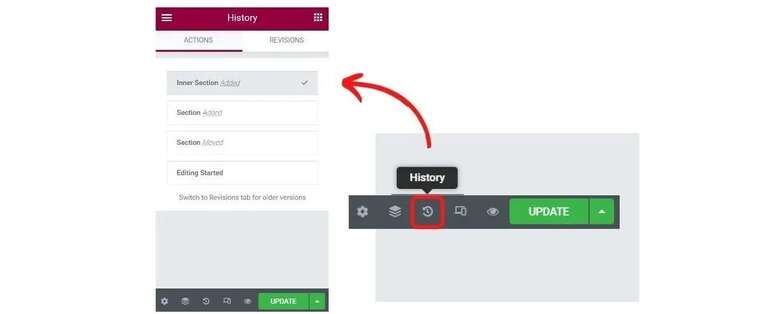 Elementor history menu option