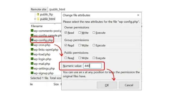 file permission for wp config file