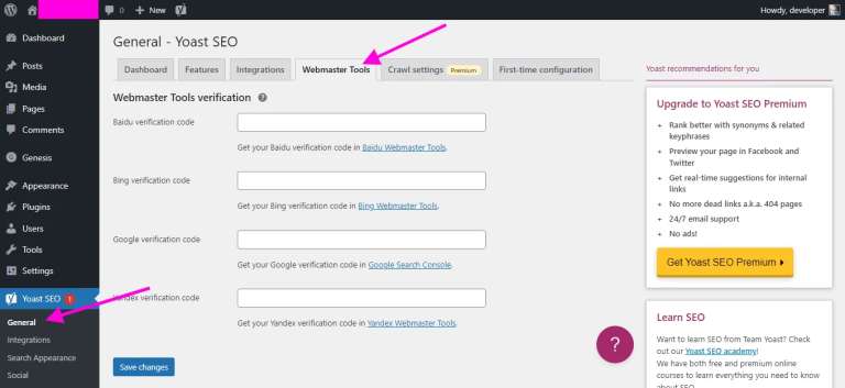 yoast seo webmaster tools