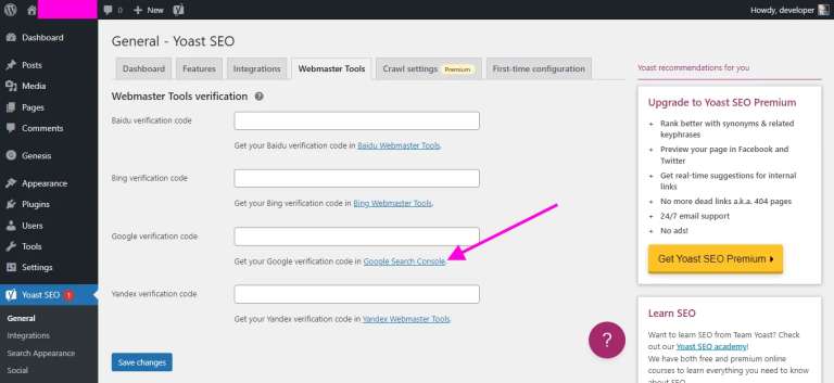 yoast seo google verification code