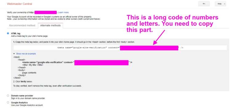 google search console verification code