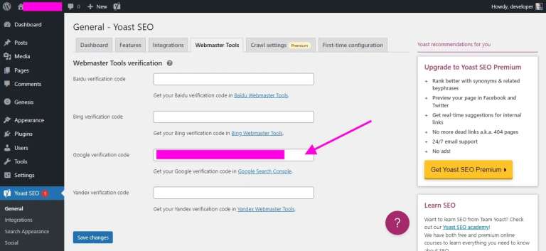 Paste code into Yoast SEO field