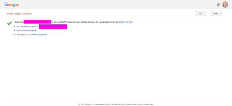 google search console verify success page