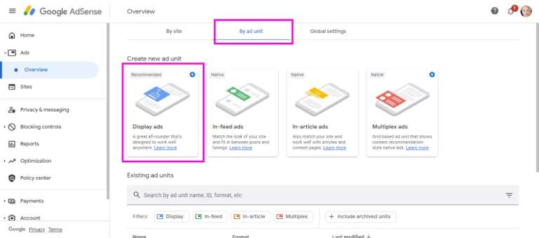 Click on the By ad unit and then Display ads