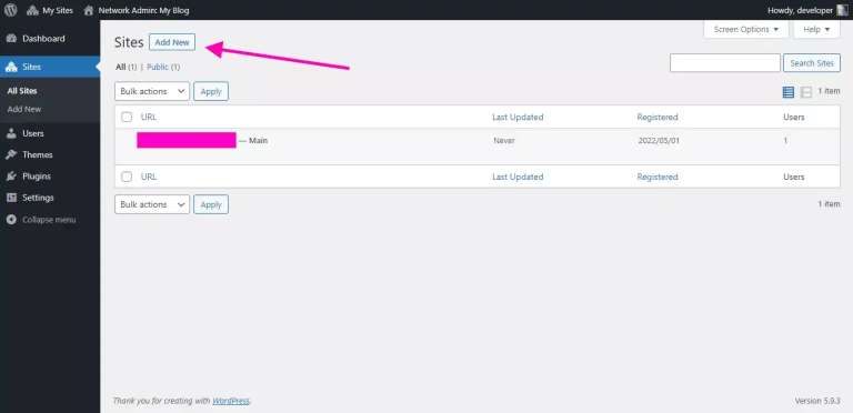 Add New button to add a new subsite
