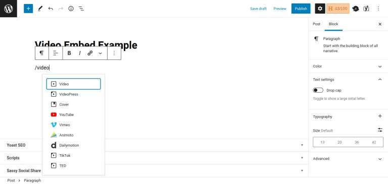 Display a video block in WordPress