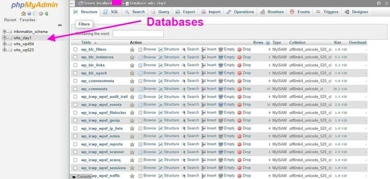 Finding database in phpMyAdmin