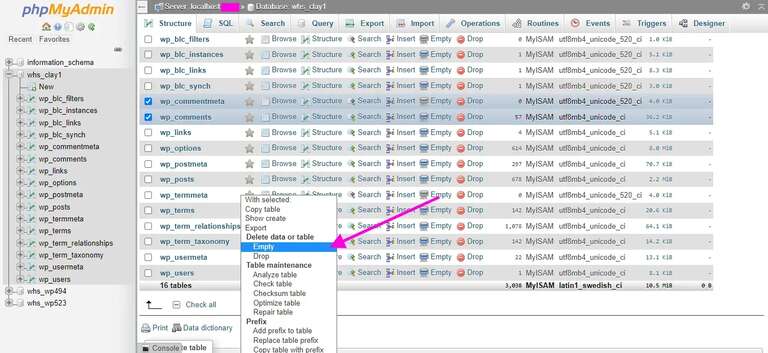 select empty in WordPress database tables