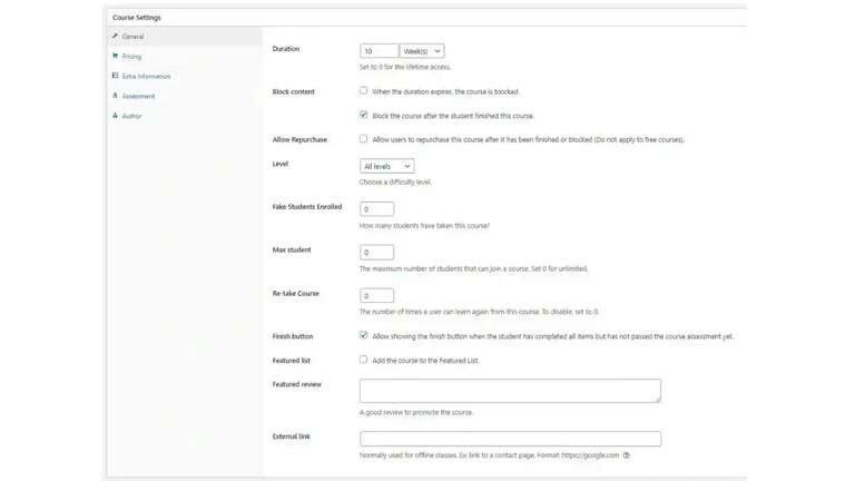 Learnpress course setting
