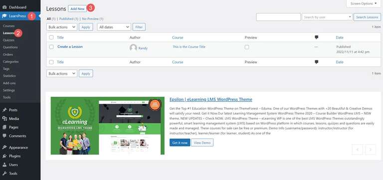 Adding lesson in Learnpress