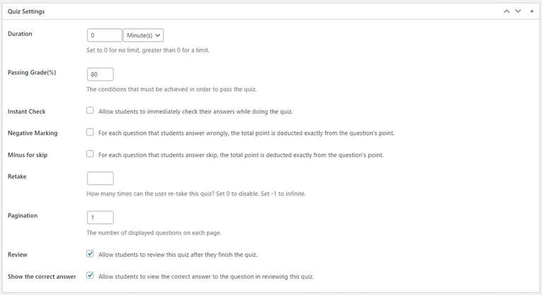 Advanced quiz setting