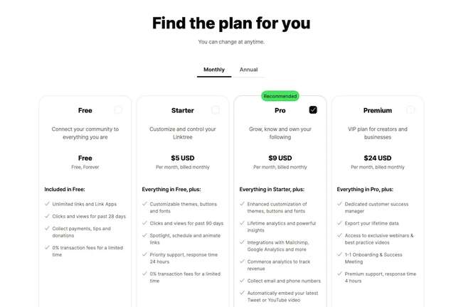 linktree plans