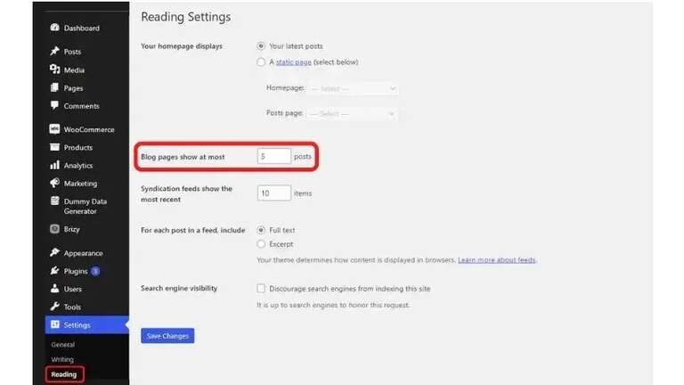 Wordpress Reading Settings
