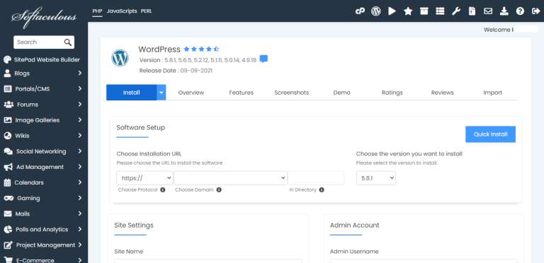 Wordpress quick install softaculous
