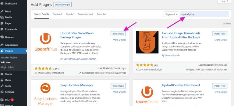 Wordpress Admin Plugins Updraftplus Install