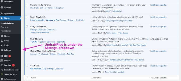 Wordpress Admin Updraftplus Plugin Area