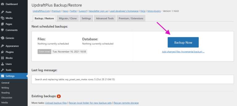Wordpress Admin Plugins Updraftplus Dashboard