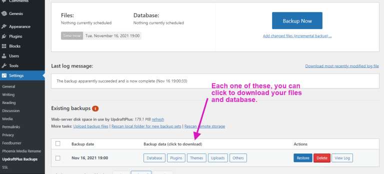 Wordpress Admin Plugins Updraftplus Backup Download