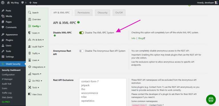 Shield Security-Disable XML-RPC
