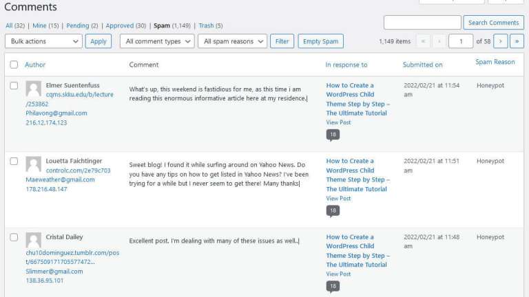 Wordpress spam comments examples