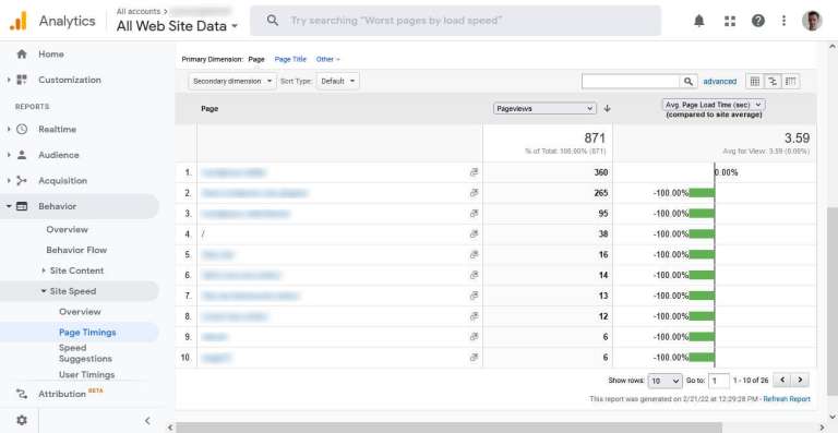 google analytics page timings