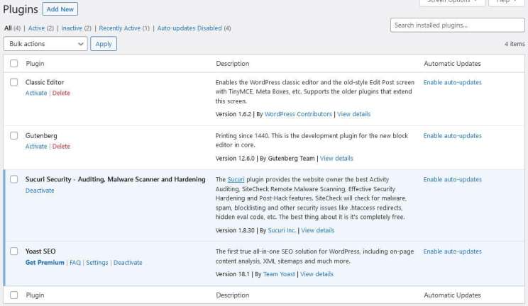 wordpress deactivated plugins