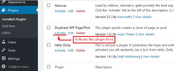 Installing and activating the Duplicate Page and Post plugin