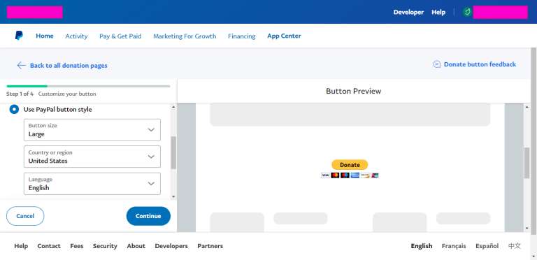 Embed PayPal donation button Step3