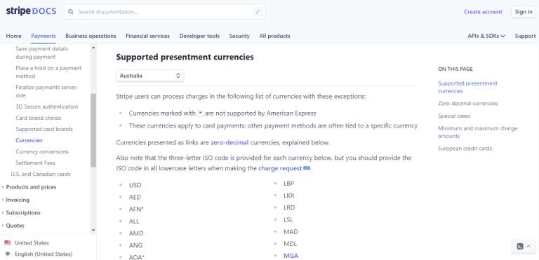 Stripe Supported currencies, regional availability
