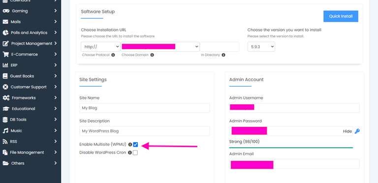 Softaculous wordpress autoinstaller WPMU