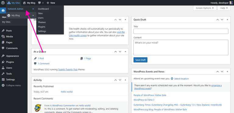 wordpress multisite network admin my sites