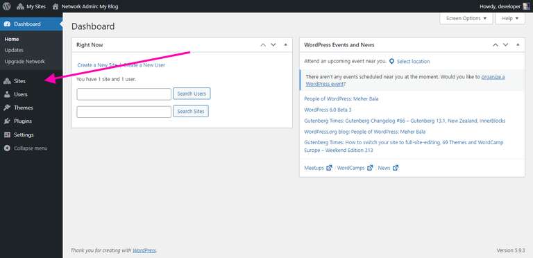 wordpress multisite sites section