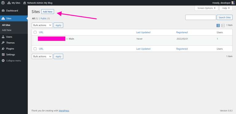 wordpress multisite sites section add new button