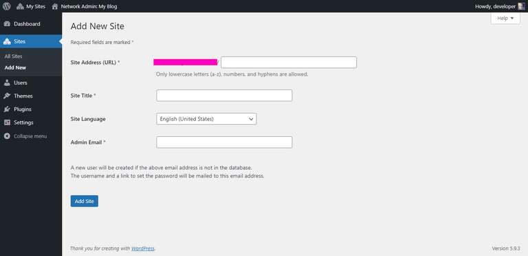 wordpress multisite sites add new site